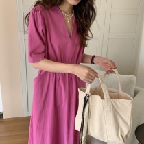 韓國簡約溫柔顯白收腰泡泡袖洋裝v3607